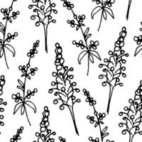 desenhado à mão Preto esboço abstrato simples floral vetor desatado padronizar. flores silvestres, Prado Relva em uma branco fundo. para a Projeto do vintage tecidos, papeis de parede, embalagem.