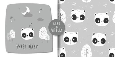 cartão de desenho animado de panda fofo e pacote de padrão sem emenda vetor