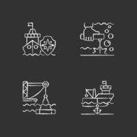 ícones de giz branco da indústria marítima em fundo preto vetor