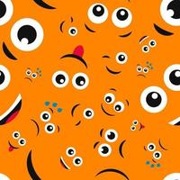 rostos dos desenhos animados com emoções. padrão perfeito com emoticons diferentes em fundo laranja. ilustração vetorial vetor