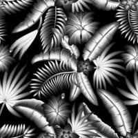 noite selva ilustração desatado padronizar com tropical plantas folhas e flores plantas folhagem em Sombrio fundo. floral fundo. exótico papel de parede. elegante impressões textura. vintage Projeto vetor