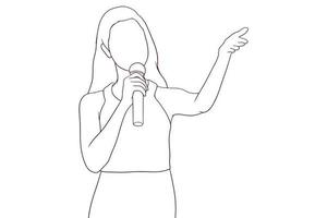 fêmea alto falante com uma microfone, apresentação e público Falando conceito, mão desenhado vetor ilustração