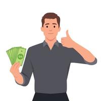 ilustração do uma homem piscando uma polegares acima enquanto segurando dólar contas vetor