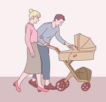 sua mãe e seu pai estão andando empurrando um carrinho de bebê. mão desenhada estilo ilustrações vetoriais. vetor