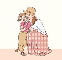 a mãe e a filha se aguardam afetuosamente. mão desenhada estilo ilustrações vetoriais. vetor