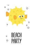 poster do vetor fofa desenho animado amarelo golpe peixe com bolhas e texto de praia festa dentro plano estilo.