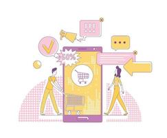 ilustração em vetor conceito linha fina marketing móvel. clientes personagens de desenhos animados 2D para web design. empresa de publicidade na internet, tecnologia de compras online, ideia criativa para promoção de vendas