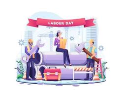 feliz Dia do Trabalho. os trabalhadores da construção estão trabalhando no dia do trabalho em 1 de maio. ilustração vetorial vetor