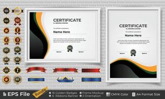 modelo certificado Projeto agrupar com fitas, dourado Distintivos, e quadro, Armação maquetes para apreciação, prêmio, conclusão, diploma. cmyk cor a4 formato vetor