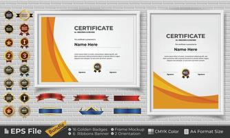 modelo certificado Projeto agrupar com fitas, dourado Distintivos, e quadro, Armação maquetes para apreciação, prêmio, conclusão, diploma. cmyk cor a4 formato vetor