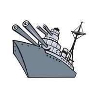 navio de guerra da segunda guerra mundial com grandes armas, mascote retrô vetor