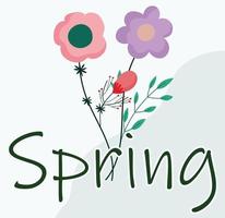 dois flores e a palavra primavera, Primavera estação cartão, roxa flor e laranja flor com verde folhas, Primavera flores minimalista estilo, adequado para fazer compras e social meios de comunicação, flor ilustração vetor
