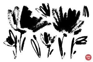 conjunto vetorial de flores silvestres de desenho a tinta, ilustração botânica artística monocromática, elementos florais isolados, ilustração desenhada à mão. vetor