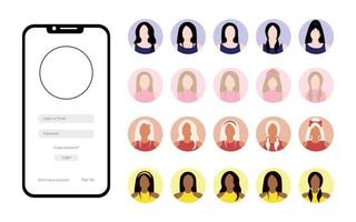 conjunto do mulheres avatares para perfil. Conecte-se autenticação conceito em Smartphone tela vetor