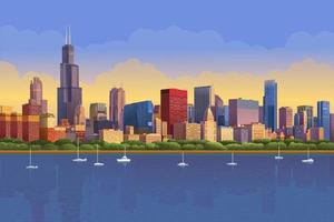 horizonte de Chicago no pôr do sol ensolarado refletido na água. panorama de iate chicago, ilustração vetorial