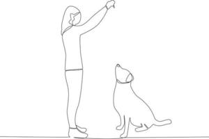uma mulher mostrando uma brinquedo para uma cachorro vetor