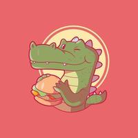 uma crocodilo personagem comendo uma hamburguer vetor ilustração. comida, animal, personagem Projeto conceito.