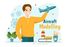 aeronave modelagem e construindo ilustração com montagem ou pintura enorme avião modelo dentro plano desenho animado mão desenhado aterrissagem página modelos vetor