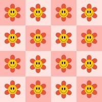 retro groovy desatado padronizar com sorridente flores em uma xadrez fundo. fofa colorida na moda vetor ilustração dentro estilo anos 60, Anos 70