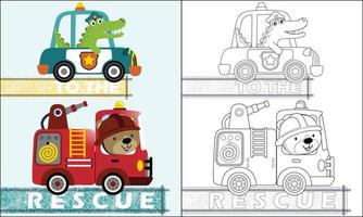 coloração livro do resgate veículos desenho animado com engraçado animais motorista vetor