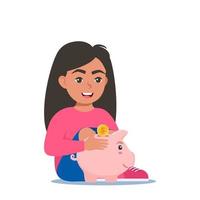 feliz menina criança colocando uma ouro moeda para dentro uma porquinho banco. dinheiro salvando, economia. vetor ilustração.