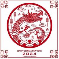 feliz chinês Novo ano 2024 zodíaco sinal, ano do a Dragão, com papel cortar arte e construir estilo em cor fundo vetor
