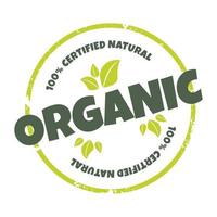 vetor rótulo para orgânico natural produtos. produtos adesivo ilustração, distintivo. texturizado volta logotipo com verde folhas e texto para orgânico e eco amigáveis produtos