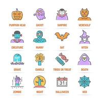 ícones de linha de vetor de halloween com cores planas