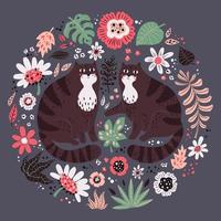 Vector ilustrações desenhadas à mão plana. gatos bonitos com plantas e flores.