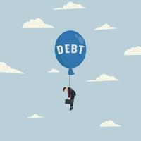 homem de negocios vôo com balão com a palavra dívida. descobrir capaz dívida, falido, mau financeiro gestão ilustração vetor