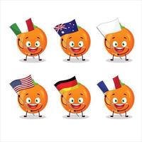 dia das Bruxas laranja doce desenho animado personagem trazer a bandeiras do vários países vetor