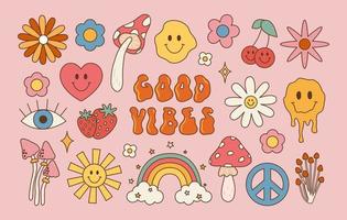groovy hippie conjunto do Anos 70 anos 80 elementos. vetor ilustração dentro vintage estilo com inscrição Boa vibrações, flor, arco-íris, coração, cogumelo