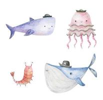 infantil aguarela ilustração com engraçado oceano peixes, submarino vida vetor