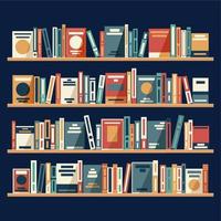 prateleiras com colorida livros dentro plano Projeto estilo. de madeira estantes de livros com livros. escola arquivo e livraria, estante e estante de livros vetor