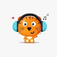 tigre fofo está ouvindo música vetor