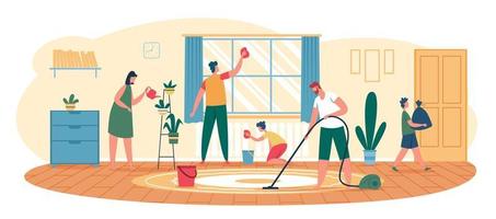 família limpeza lar. pais com crianças limpando janela, aspirar chão, levando Fora lixo. crianças ajudando com tarefas domésticas vetor ilustração