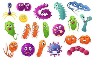 desenho animado bactérias personagens. fofa bactérias, germes, vírus com engraçado rostos. amigáveis micróbios e perigoso patógeno organismo vetor conjunto