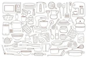 rabisco utensílios de cozinha. mão desenhado cozinhando e cozimento equipamento Panela, colher, bata, microondas, facas. talheres, cozinha utensílio rabiscos vetor conjunto