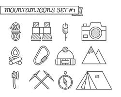 Conjunto de campismo, ícones de viagens, estilo de linha fina, design plano. Tema de alpinismo com tenda turística, machado e outros elementos de equipamento. Isolado no fundo branco. Vetor