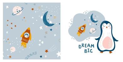 bebê cósmico conjunto do desatado padronizar e poster com pinguim foguete, lua, planetas e estrelas. mão desenhado estilo vetor ilustrações. fofa impressões para interior decorando, tecido, aniversário festa decoração.