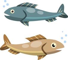 conjunto do peixe. mar Comida. desenho animado plano ilustração isolado em branco fundo. elemento do pescaria. rio azul e cinzento animal com escalas, barbatanas e uma rabo vetor