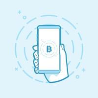 mão segurando o smartphone com moeda bitcoin. conceito de negócio de bitcoin online. vetor