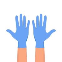 mãos calçando luvas de proteção azuis. mãos em luvas azuis esterilizadas. vetor