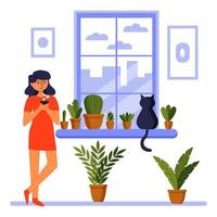 bom Dia. garota na janela com um gato. café da manhã. conforto doméstico. ilustração vetorial. vetor