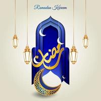 caligrafia árabe ramadan kareem com silhueta de mesquita, lua crescente e lanternas islâmicas. Ramadan Kareem é um mês de jejum para os muçulmanos. vetor