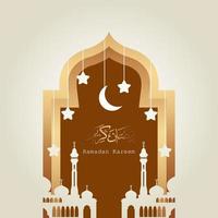 Projeto islâmico ramadhan kareem com lua crescente, lanternas islâmicas e a silhueta da cúpula de uma mesquita vetor