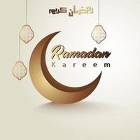 ramadan kareem arabic caligrafia design com uma lua crescente e padrões islâmicos e lanternas adequadas para cartões e banners. vetor
