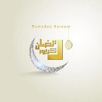 ramadan kareem arabic caligrafia design com uma lua crescente e padrões islâmicos e lanternas adequadas para cartões e banners. vetor