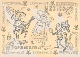 Adesivo de desenho de pôster de ilustração de contorno com tema mexicano de quadro padrão para decoração e fundos vetor
