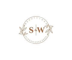 inicial sw cartas lindo floral feminino editável premade monoline logotipo adequado para spa salão pele cabelo beleza boutique e Cosmético empresa. vetor